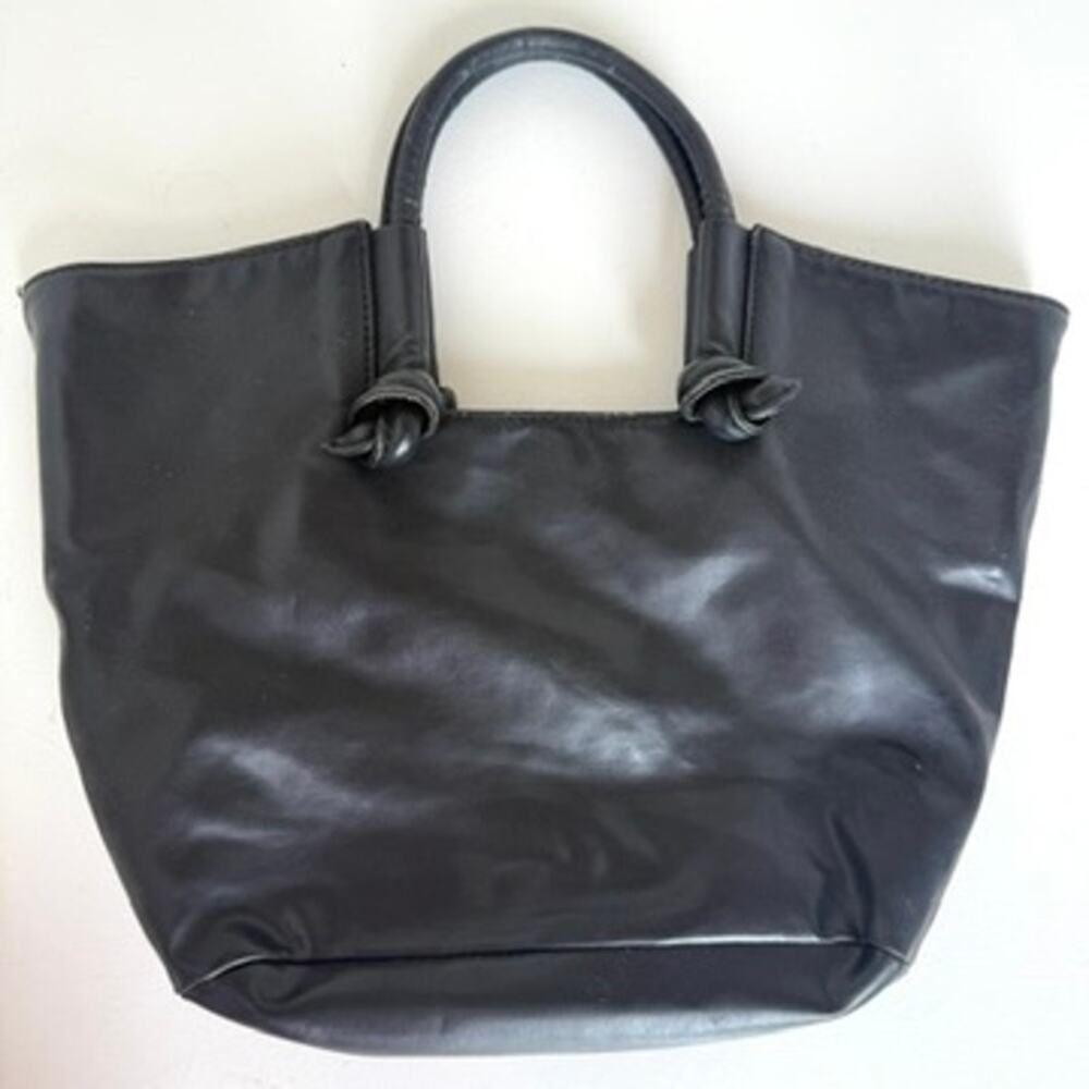 Anthropologie Black Faux Leather Tote Bag Gingham Lining Handbag
